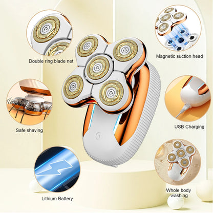 Gold Electric Hair Removal Device with Five-Blade Head, USB Rechargeable