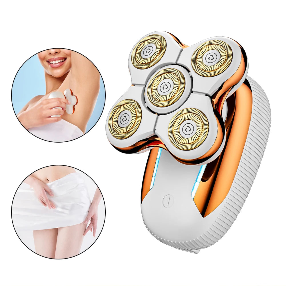 Gold Electric Hair Removal Device with Five-Blade Head, USB Rechargeable
